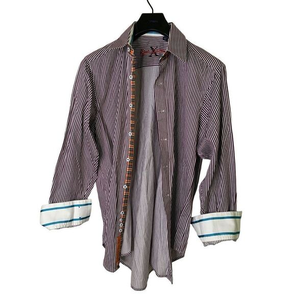 Robert Graham X Flip cuff button down shirt stripe brown men's size medium - Picture 1 of 4